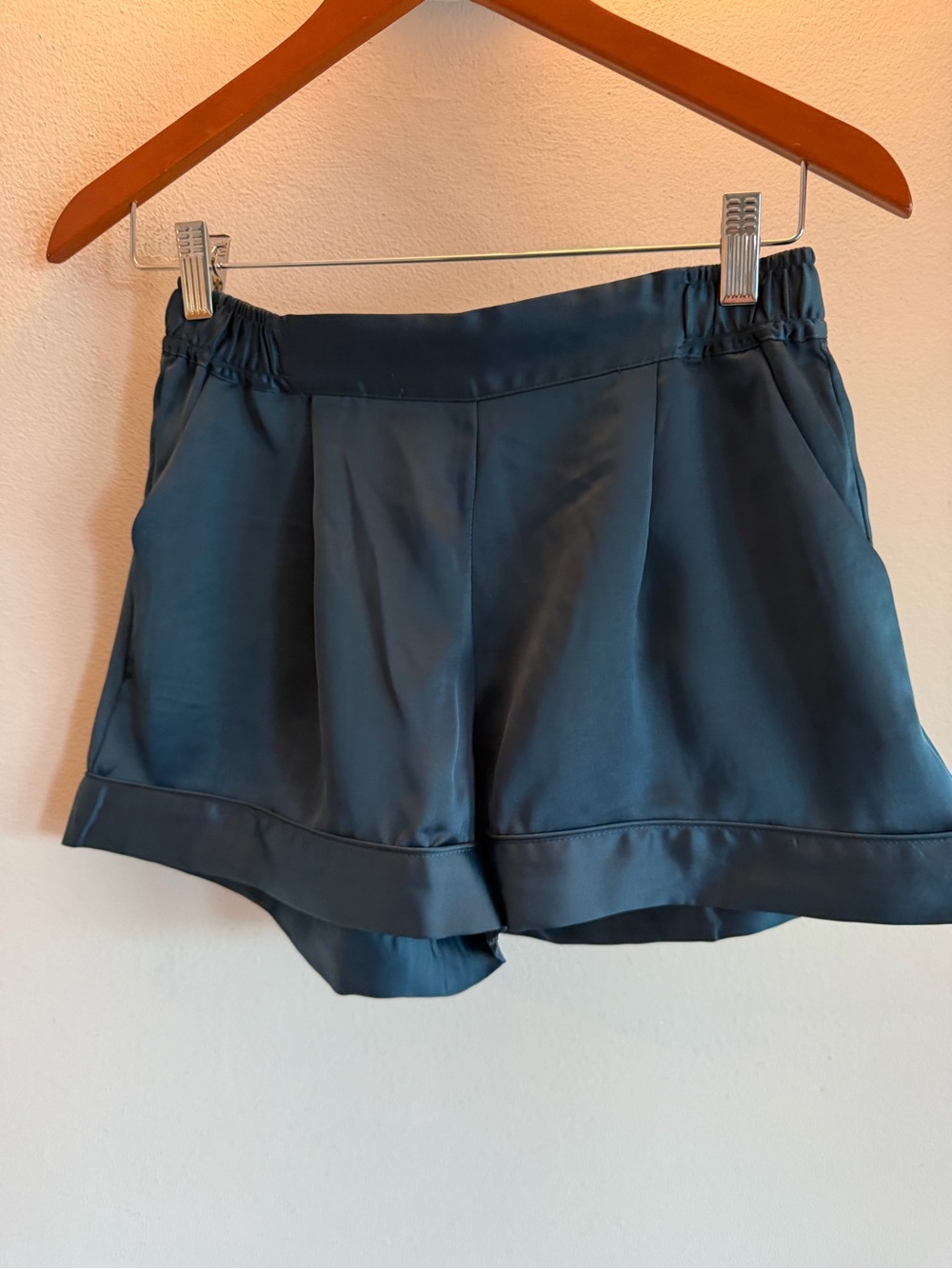 Etam Lingerie Teal Blue Satin Pleated Lounge Shorts‎ Small